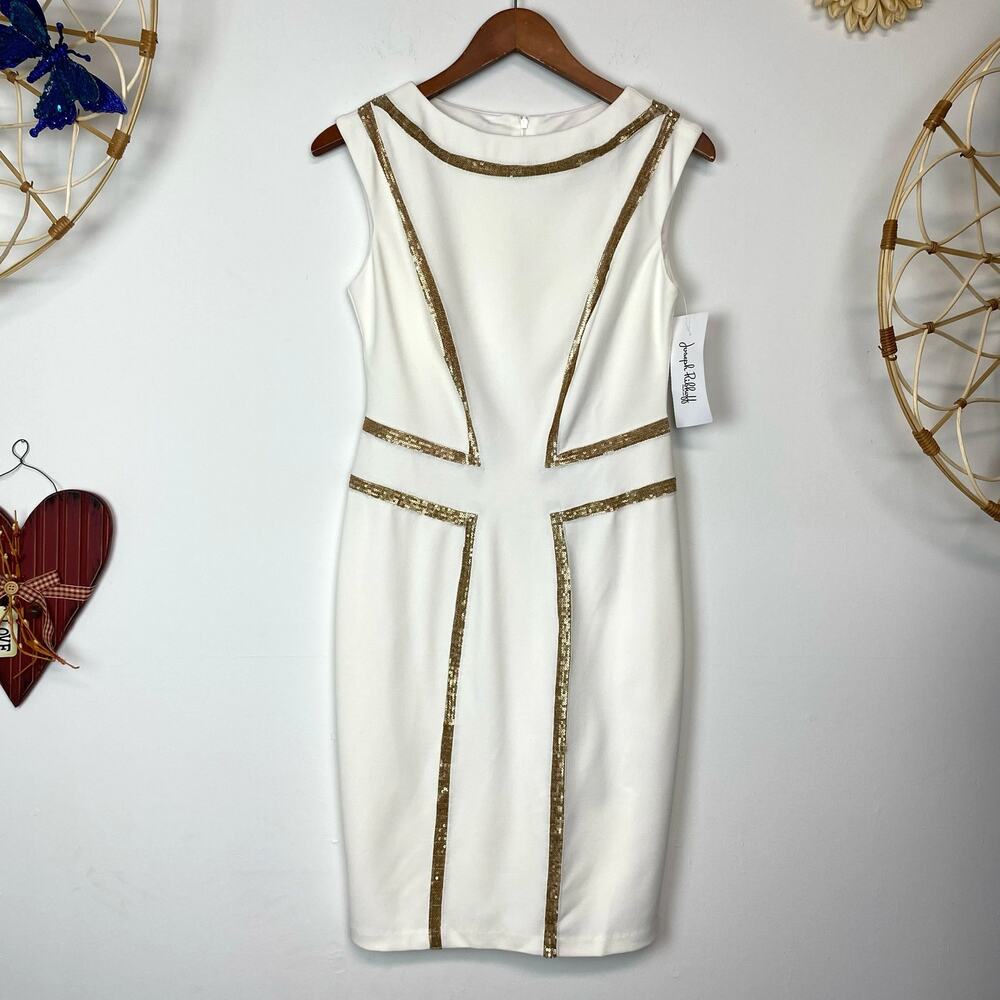 Joseph Ribkoff White Gold Sequined Sleeveless Sheath Dress Sz 6